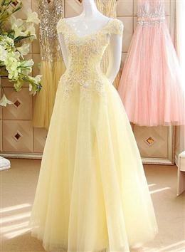 Picture of Light Yellow Tulle Cap Sleeves with Lace Applique Prom Dresses, Yellow Long Evening Dresses